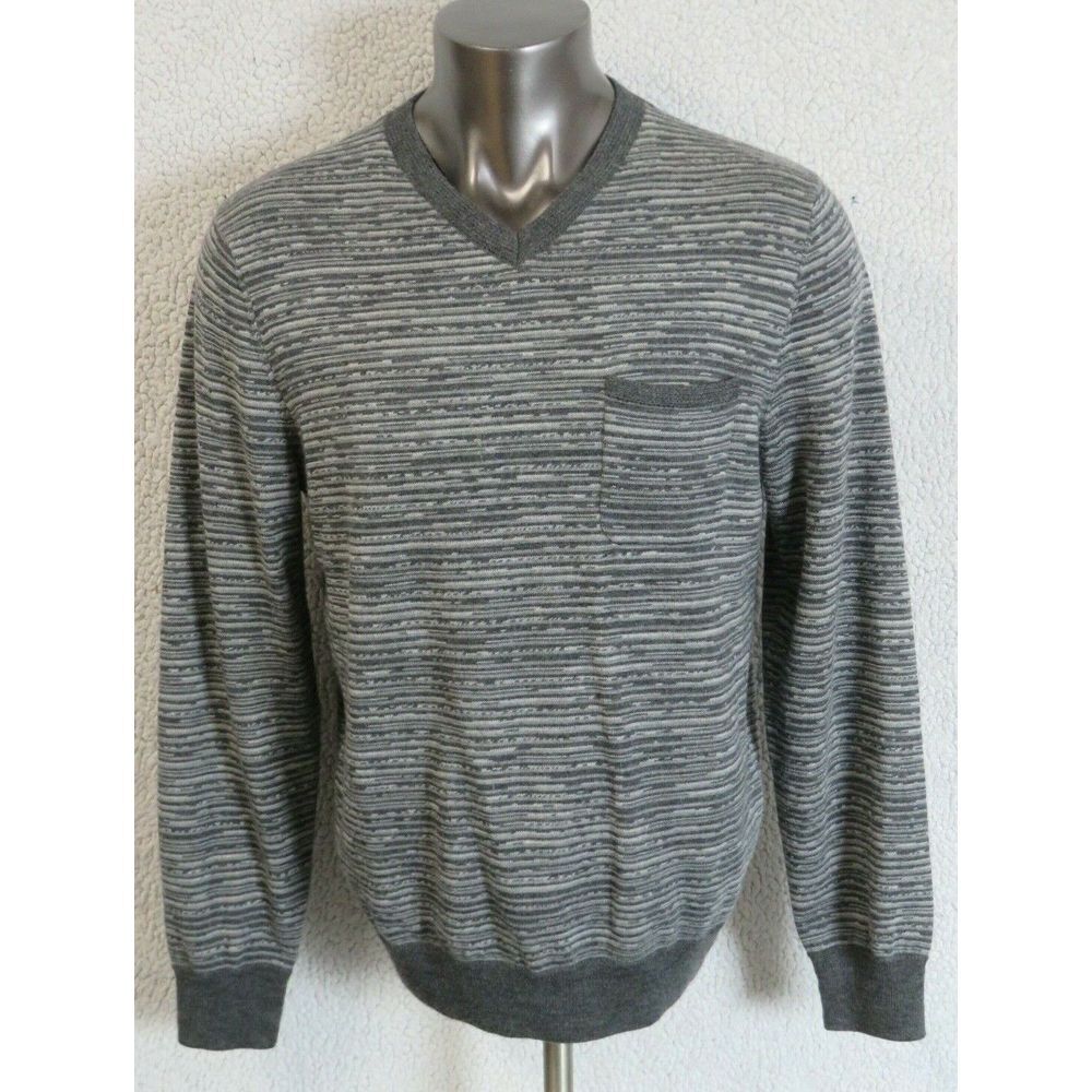 Mens Grayers Gray V Neck Sweater Long Sleeve‎ Merino Wool Front Pocket Size XL